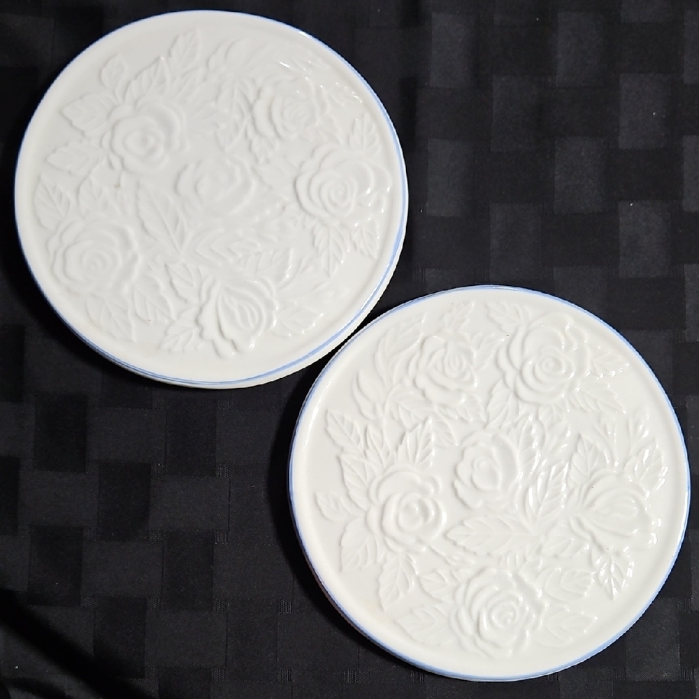Tabletops Unlimited Victorian Rose Ceramic Tea Tile Blue Rim Trivets - Set of 2
